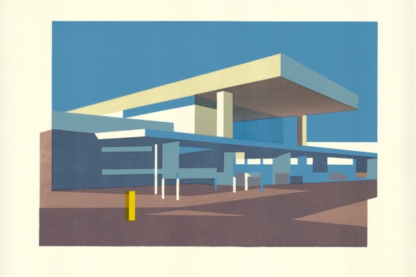 Linocut of the modernist Coventry Station