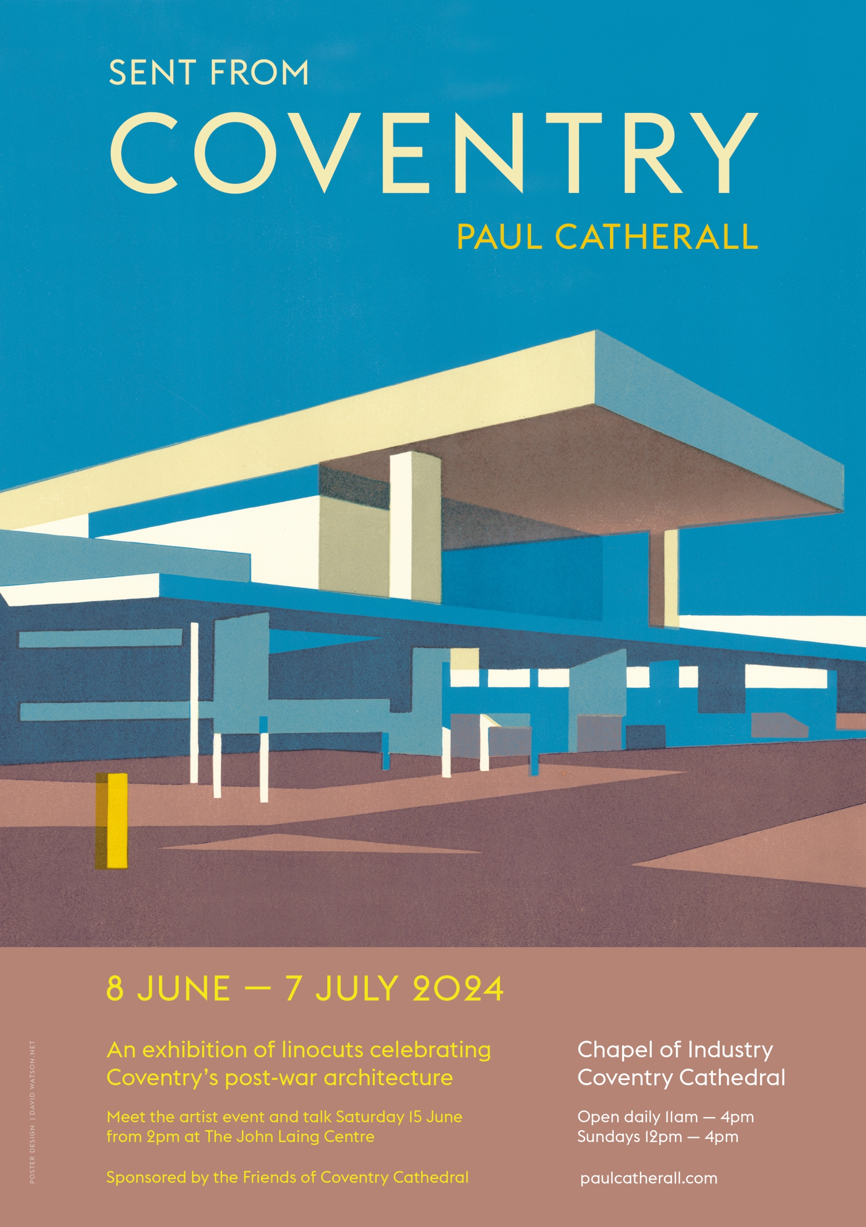 Poster featuring Paul Catherall linocut of Coventry Station in striking tones of blue and brown, with text advertising 'Sent from Coventry' exhibition at Coventry Cathedral in June and July 2024